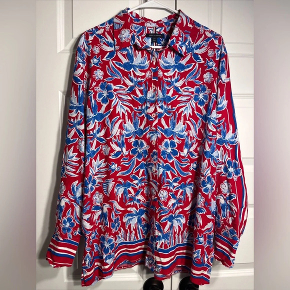 Tommy Hilfiger Button Up Shirt Mens L Blue Red Hawaiian Floral Long Sleeve NWT - Picture 1 of 10